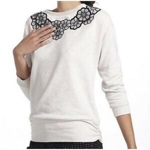 Anthropologie Saturday Sunday oatmeal tan 3/4 sleeve floral appliqué sweatshirt